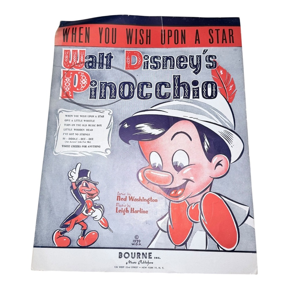 Vintage Disney Pinocchio Sheet Music When You Wish Upon A Star 1939 Bourne Inc